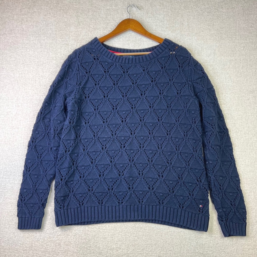 Tommy Hilfiger Womens XL Navy Blue Cable Knit Pointelle Sweater Old Money Preppy